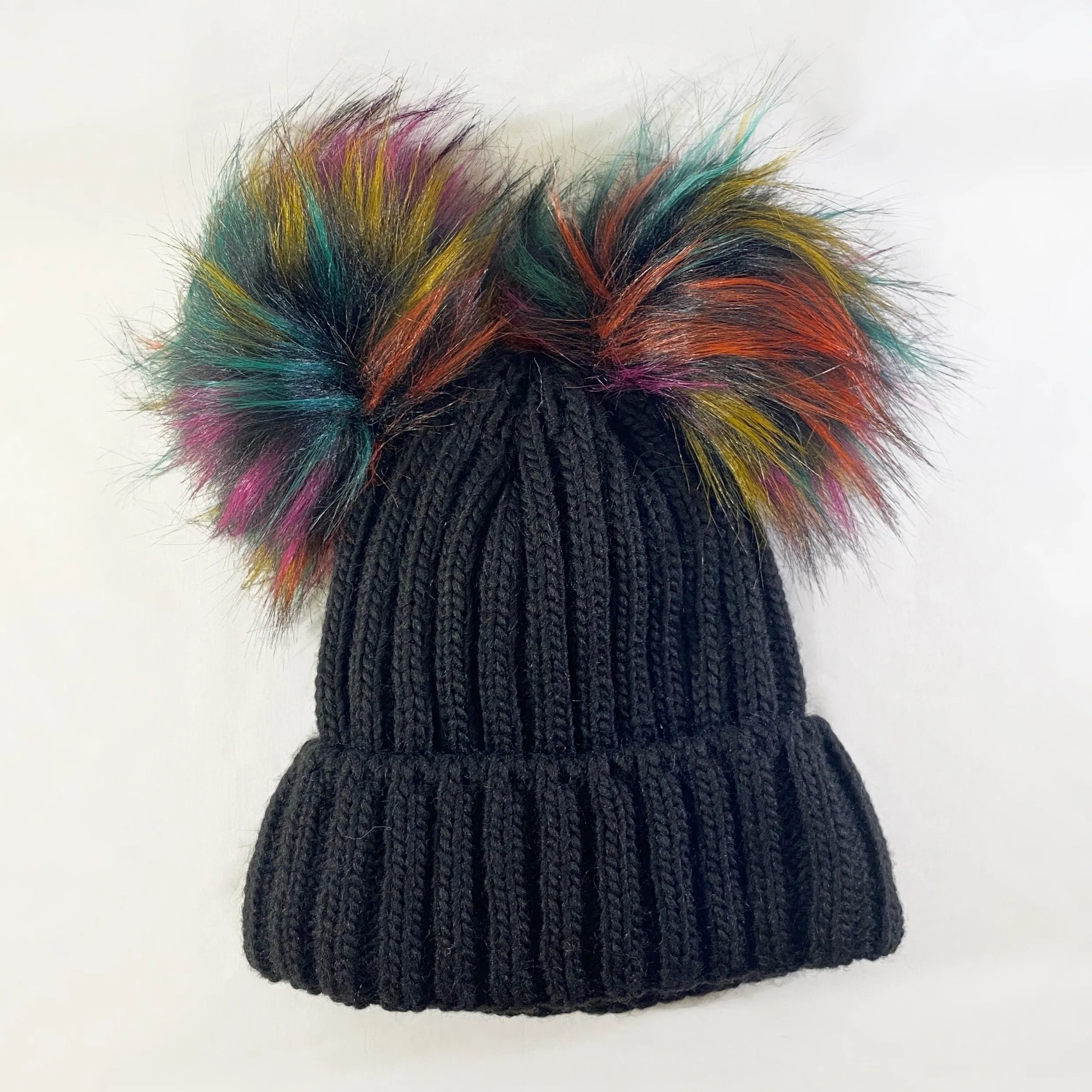 RESERVED FOR TIM - Black Winter Beanie With Dual Multicolor Pompoms - Made From Italian Wool, Acrylic Yarn, and Faux Fur
