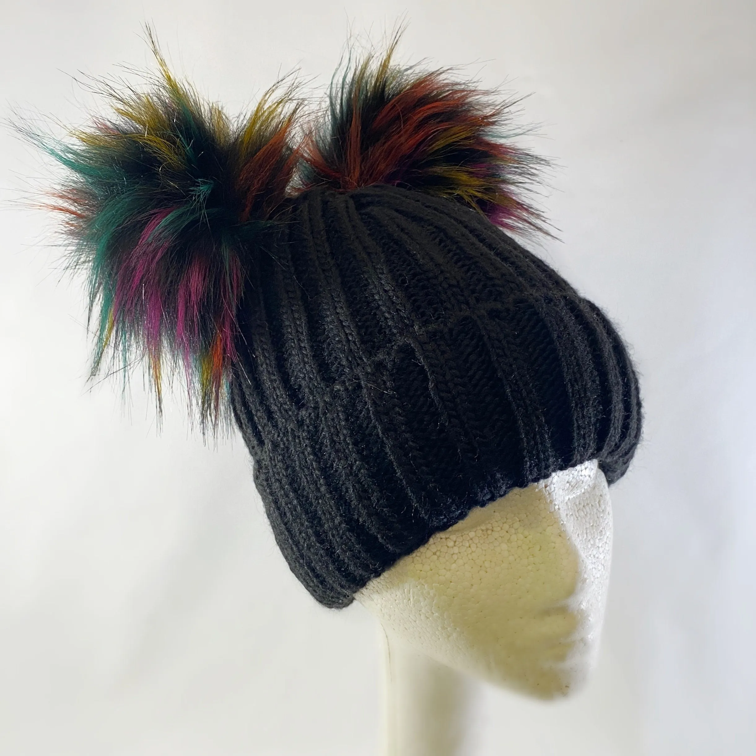RESERVED FOR TIM - Black Winter Beanie With Dual Multicolor Pompoms - Made From Italian Wool, Acrylic Yarn, and Faux Fur
