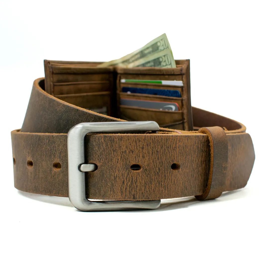 Roan Mountain Distressed Leather Belt and Wallet Set by Nickel Smart®