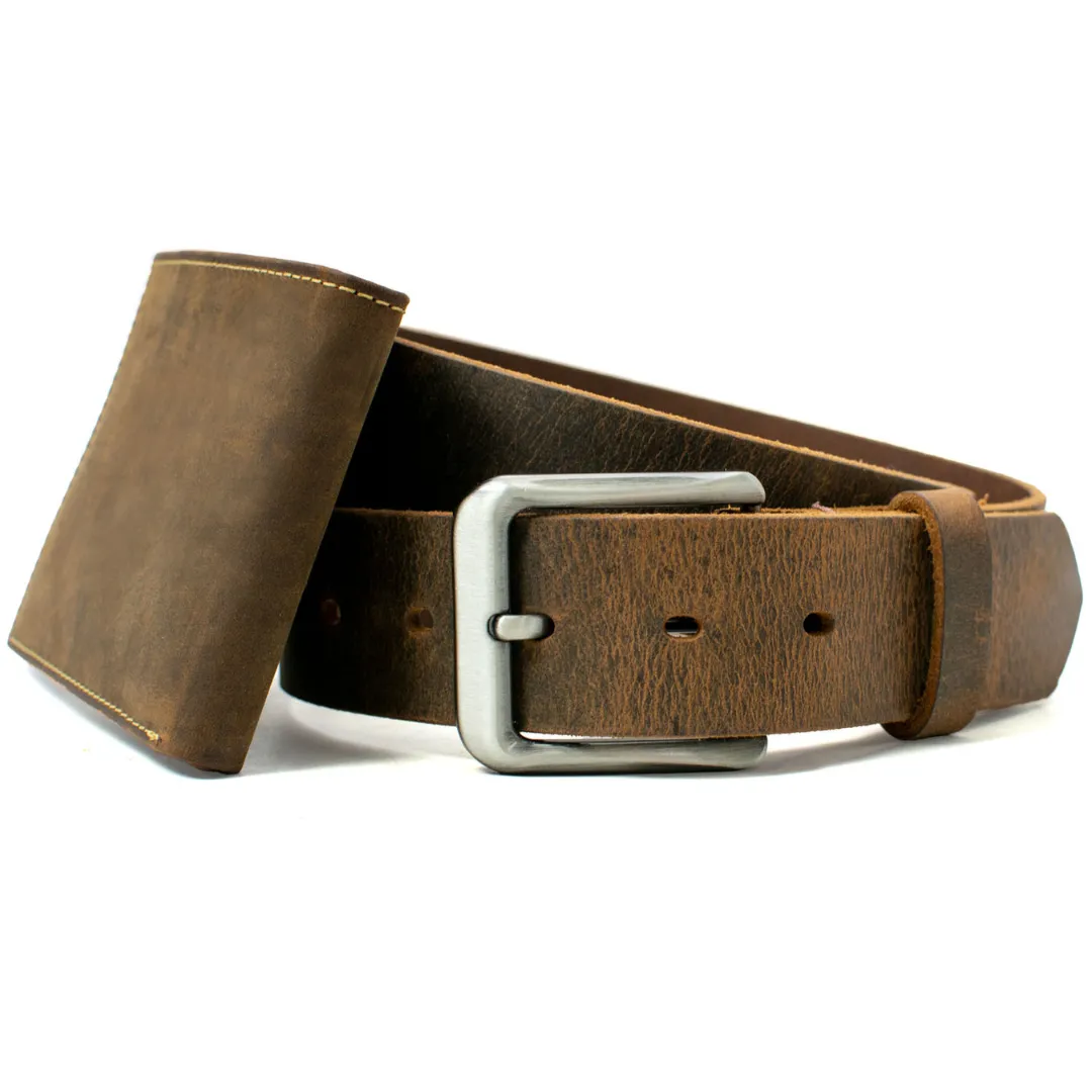 Roan Mountain Distressed Leather Belt and Wallet Set by Nickel Smart®