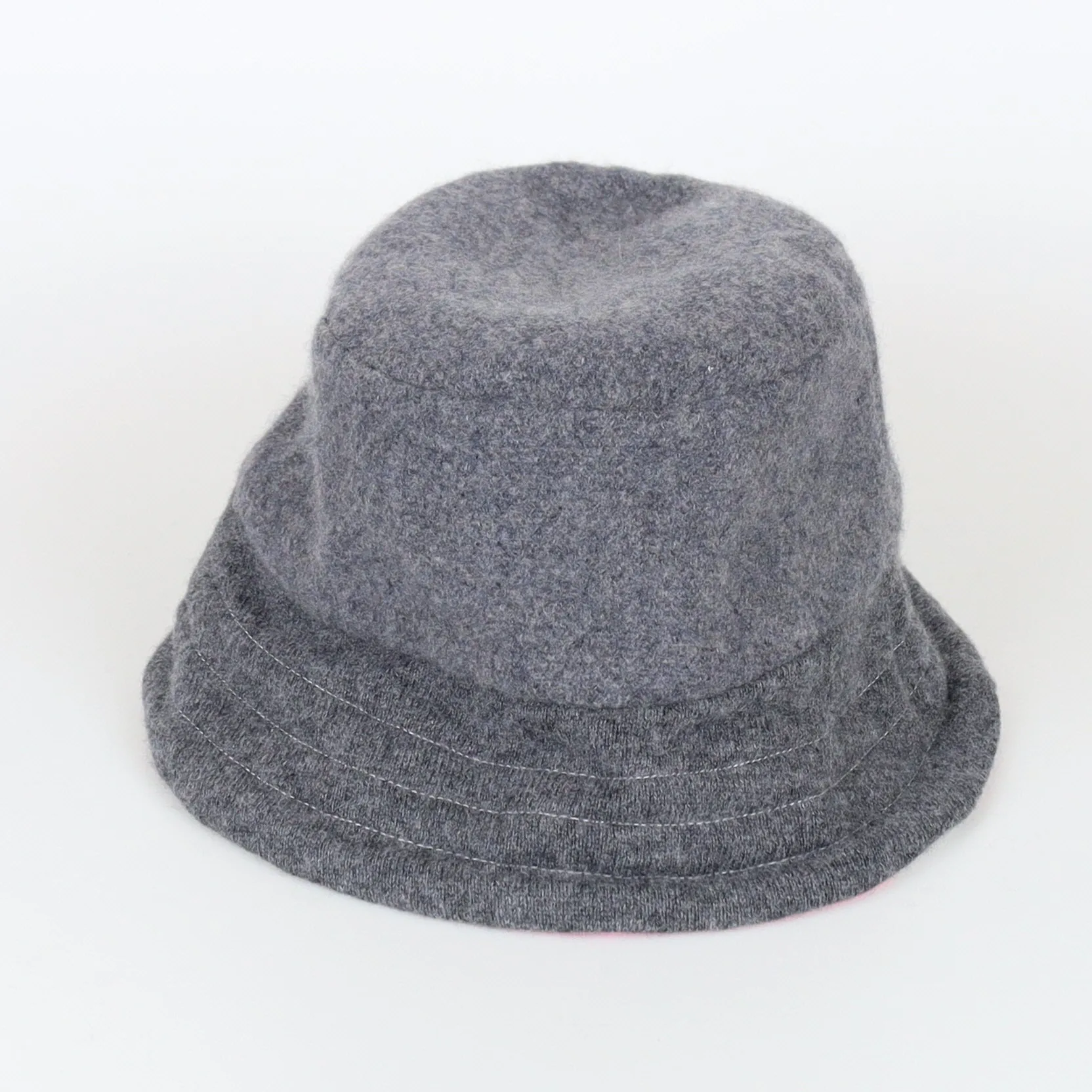 Slate Grey with Pink Stripe Reversible Cashmere Bucket Hat Medium