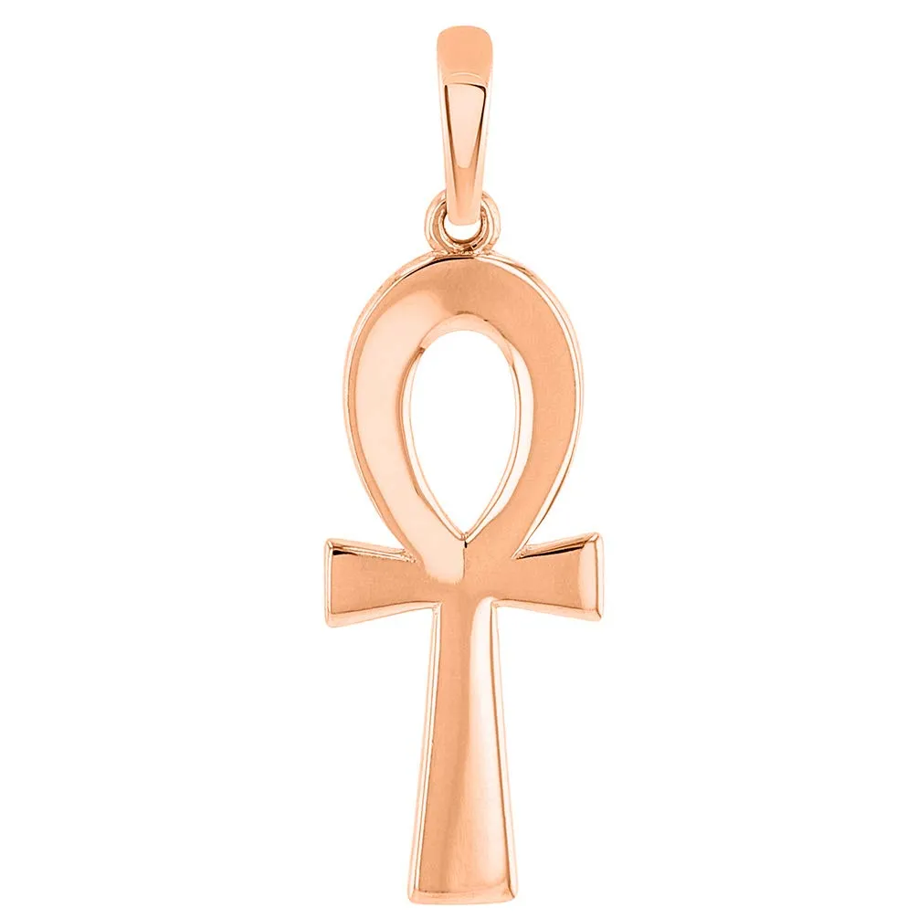 Solid 14k Rose Gold Plain and Simple Egyptian Ankh Cross Pendant with Chain Necklace