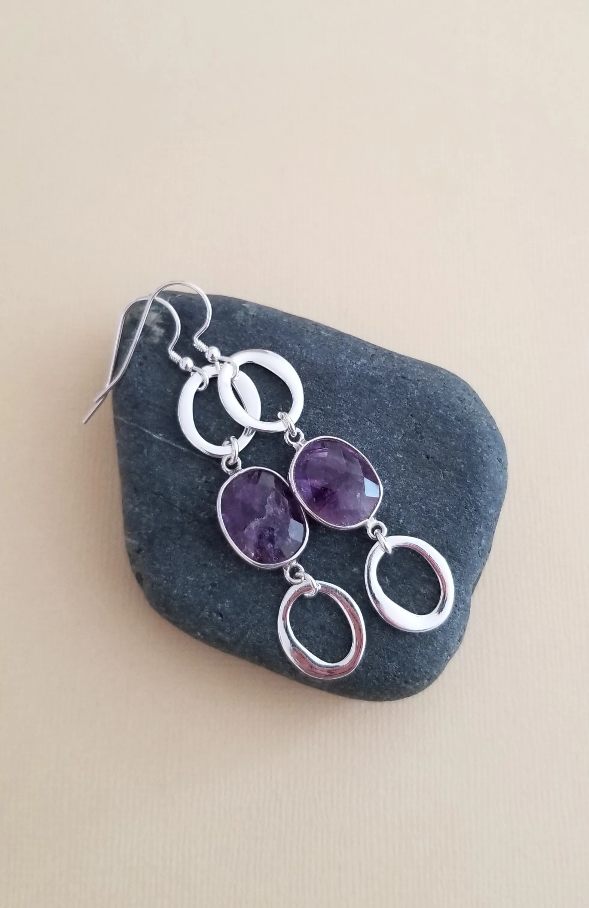 Sterling Silver Amethyst Earrings, Long Gemstone Earrings, Statement Earrings