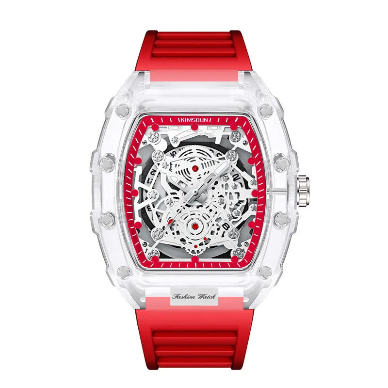 Stylish Skeleton Sport Watches, Waterproof, Analog Quartz Date Calendar Wristwatch, Transparent Tonneau Case Casual Watch, Silicone Strap for Men Unisex