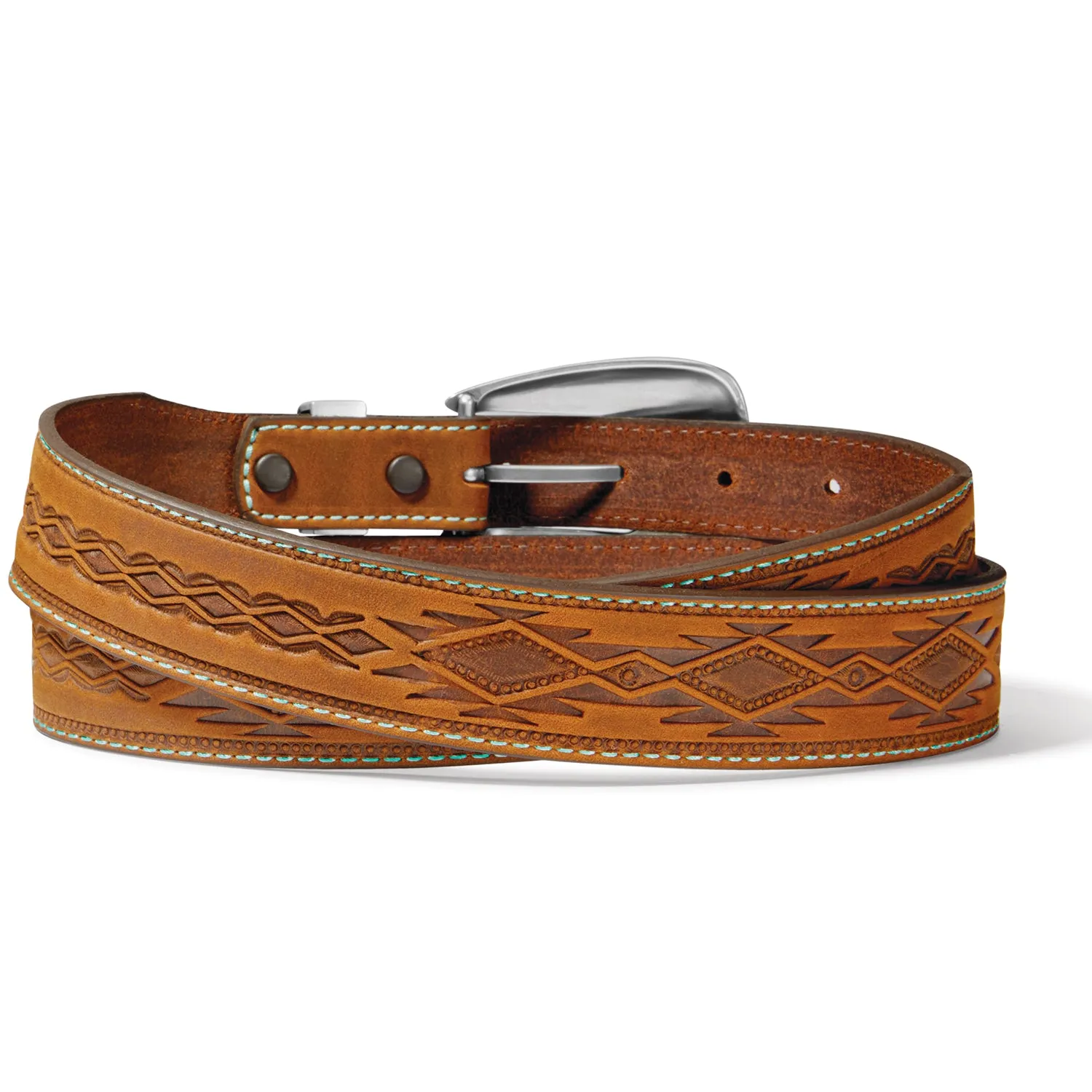 Tony Lama Tan Southwestern Embossed Belt with Turquoise Stone Accented Buckle