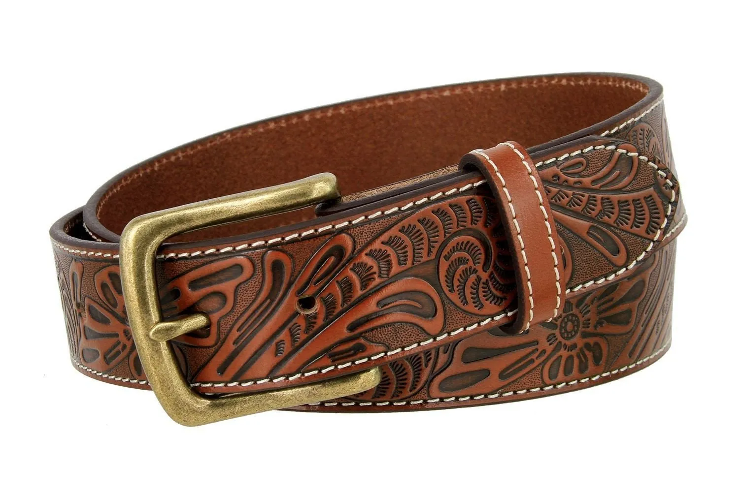 Tooled Brown Leather Belt