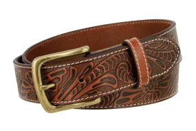 Tooled Brown Leather Belt