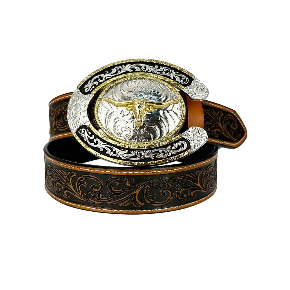 TOPACC Western Genuine Leather Pattern Tooled Belt - Two Tone Horseshoe Longhorn Bull Buckle