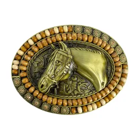 TOPACC Western Oval Wood Beads Horse Belt Buckle