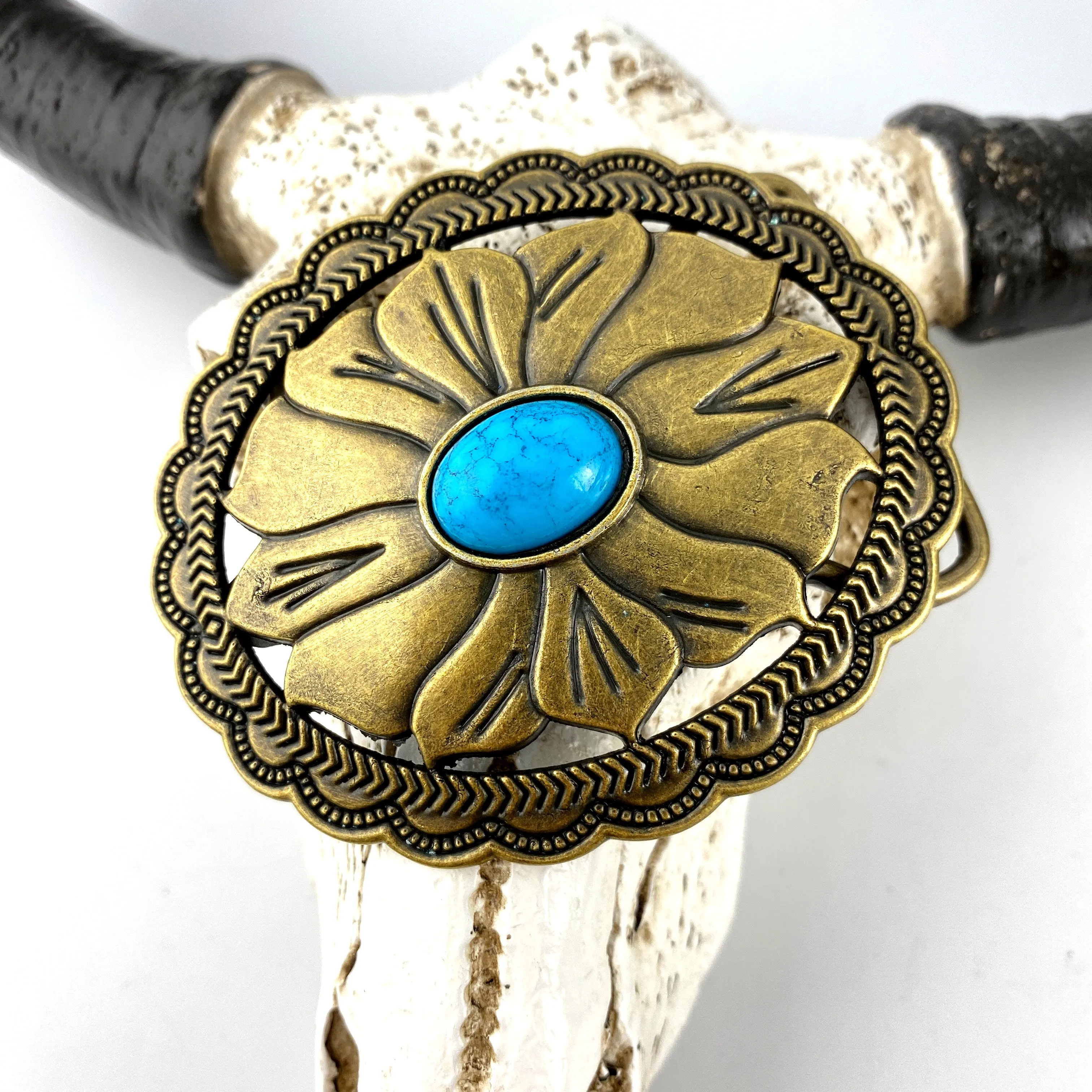 TOPACC Western Turquoise Flower Pattern Cowboy Cowgirl Belt Buckle Copper/Bronze