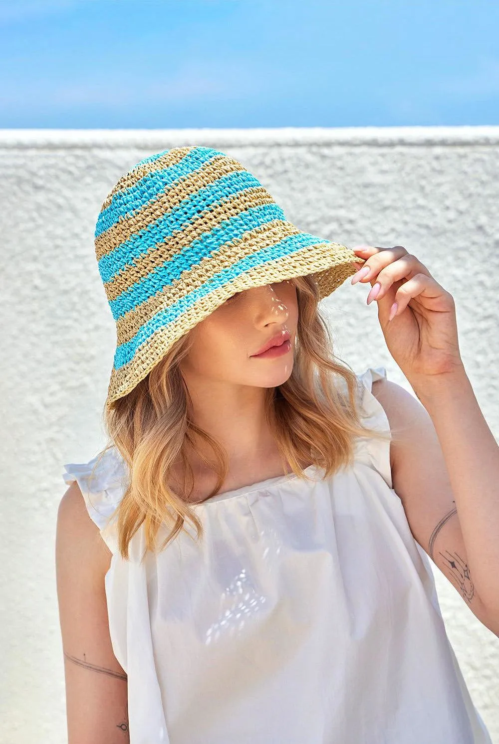 VARZAR Bucket Hat Striped Paper Bucket Hat Blue