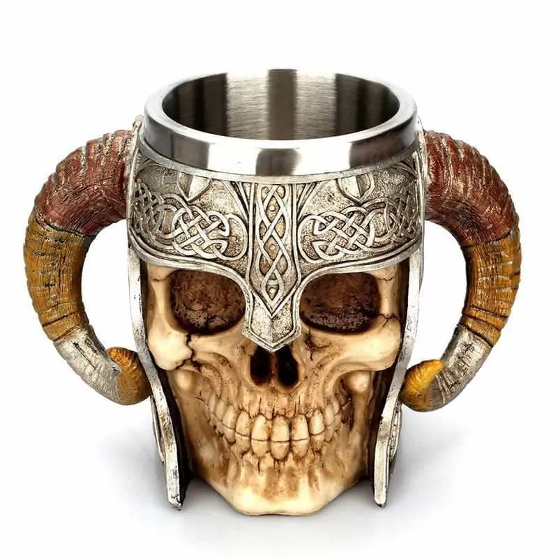 Viking warrior horned skull mug