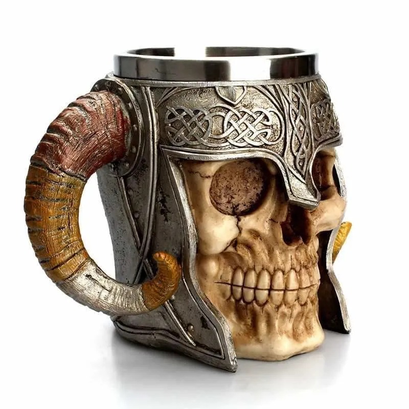 Viking warrior horned skull mug