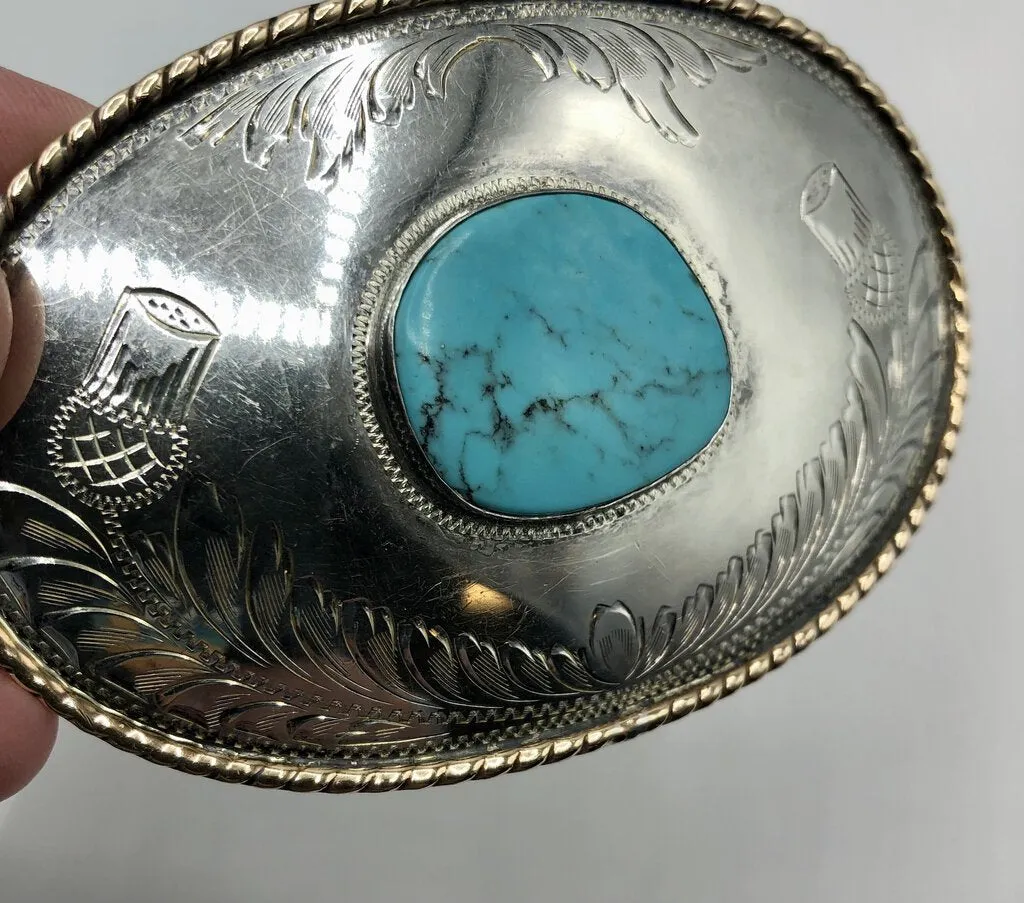 Vintage Comstock Silversmiths Silver & Turquoise Western Belt Buckle /b