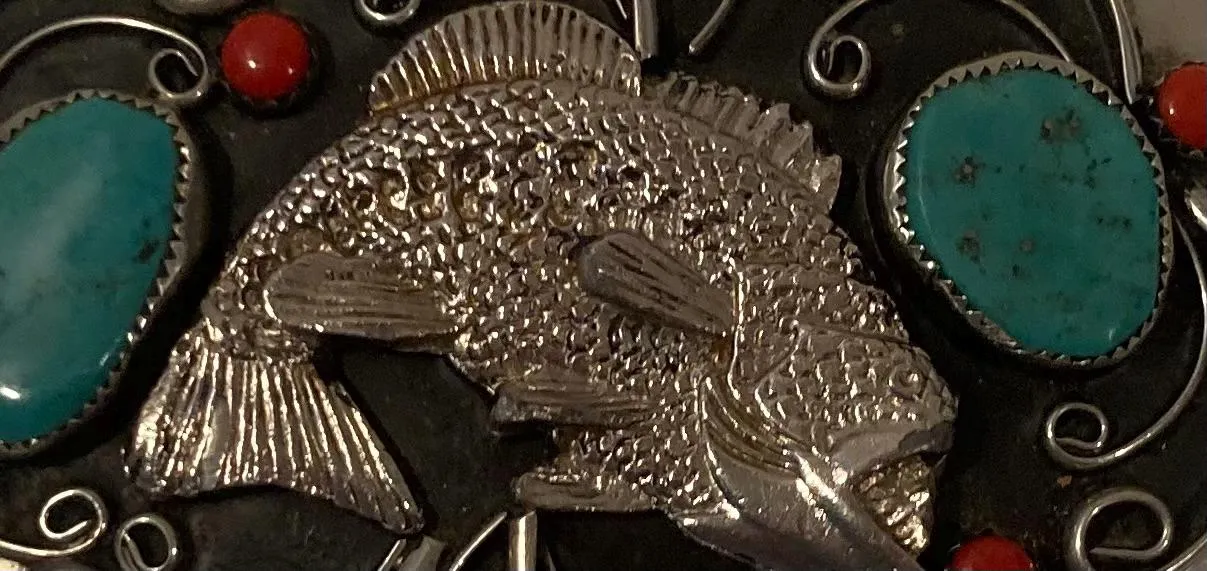 Vintage Metal Belt Buckle, Silver and Turquoise, Bass, Fishing, Hand Crated, Nice Western Style Design, 4 1/4" x 3", Heavy Duty, Quality