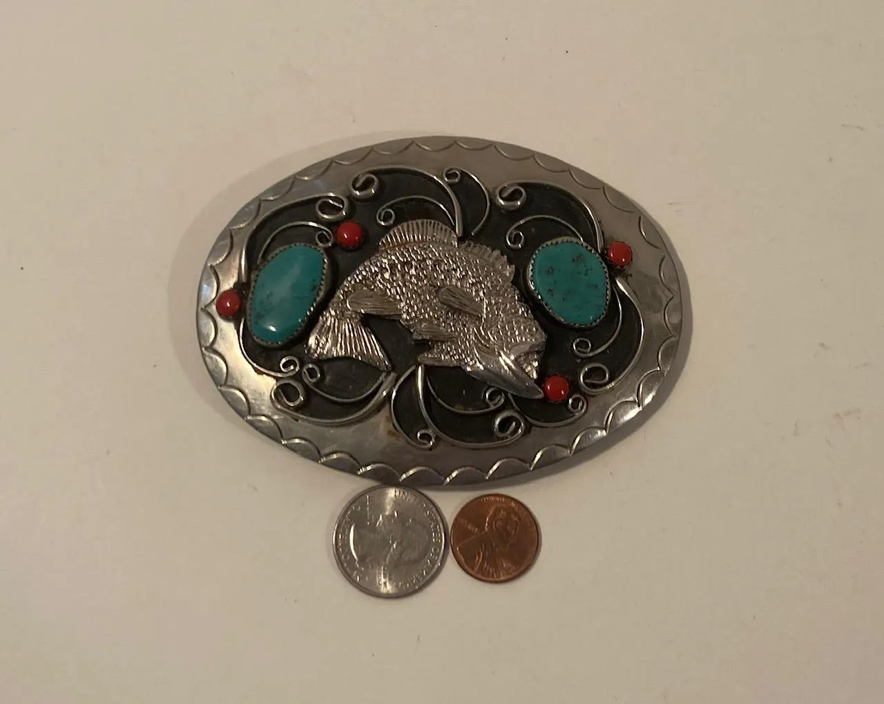 Vintage Metal Belt Buckle, Silver and Turquoise, Bass, Fishing, Hand Crated, Nice Western Style Design, 4 1/4" x 3", Heavy Duty, Quality