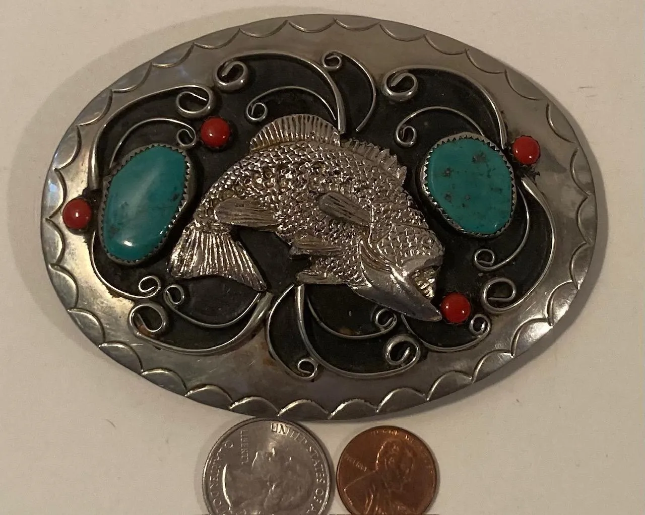 Vintage Metal Belt Buckle, Silver and Turquoise, Bass, Fishing, Hand Crated, Nice Western Style Design, 4 1/4" x 3", Heavy Duty, Quality