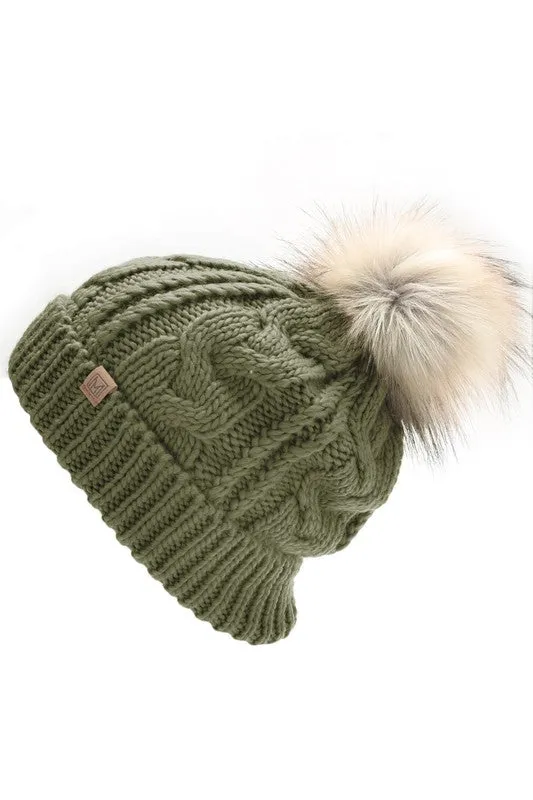 Women's Faux Fur Pom Beanie Hat with Sherpa Lining - Assorted Colors