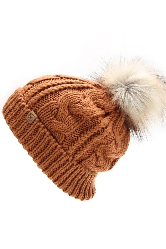 Women's Faux Fur Pom Beanie Hat with Sherpa Lining - Assorted Colors
