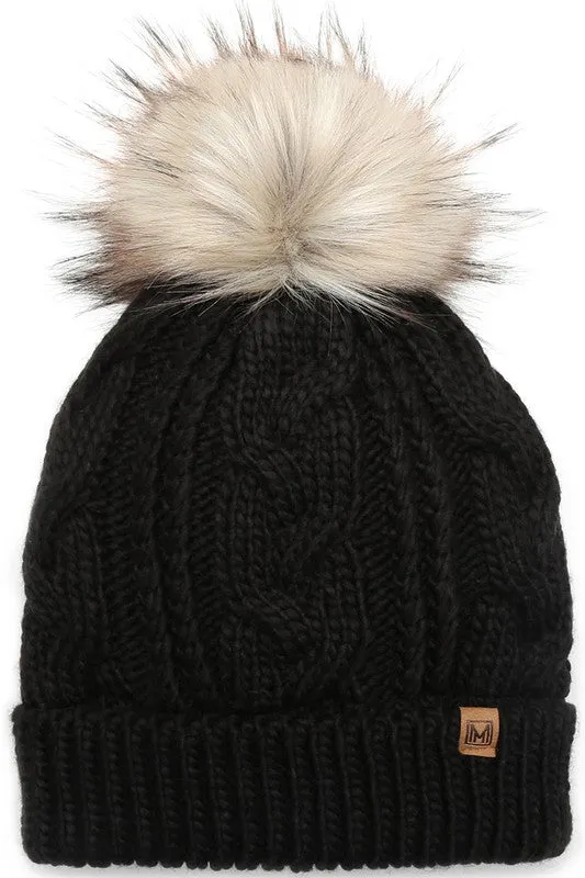 Women's Faux Fur Pom Beanie Hat with Sherpa Lining - Assorted Colors