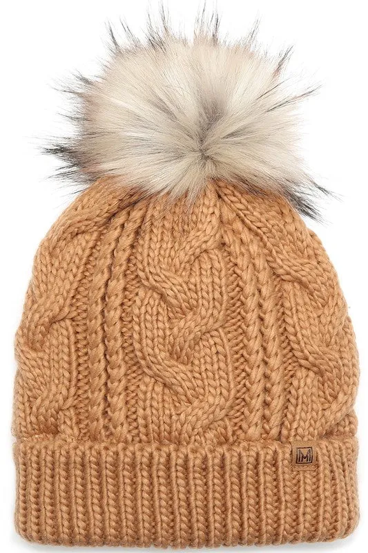 Women's Faux Fur Pom Beanie Hat with Sherpa Lining - Assorted Colors