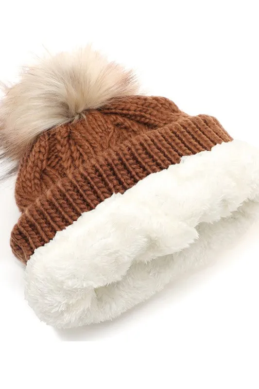 Women's Faux Fur Pom Beanie Hat with Sherpa Lining - Assorted Colors