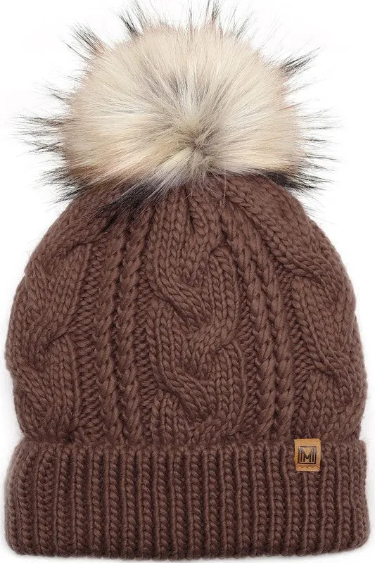 Women's Faux Fur Pom Beanie Hat with Sherpa Lining - Assorted Colors