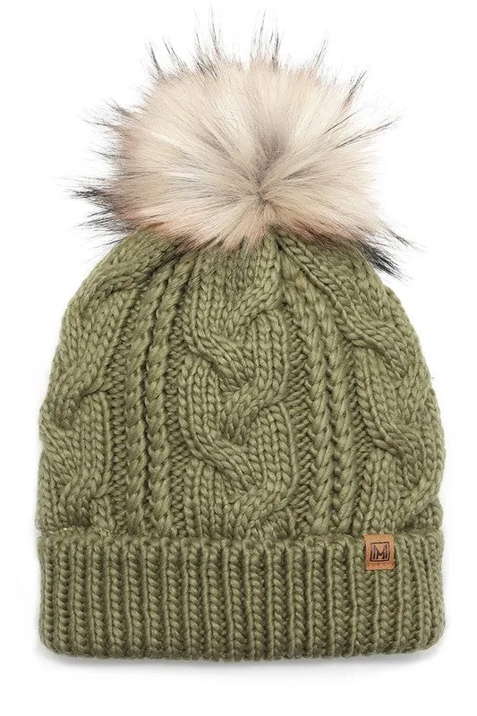 Women's Faux Fur Pom Beanie Hat with Sherpa Lining - Assorted Colors
