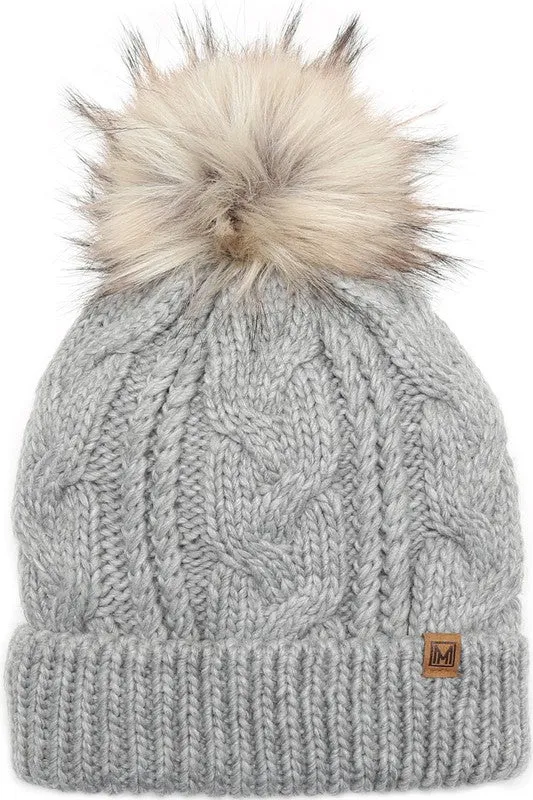 Women's Faux Fur Pom Beanie Hat with Sherpa Lining - Assorted Colors