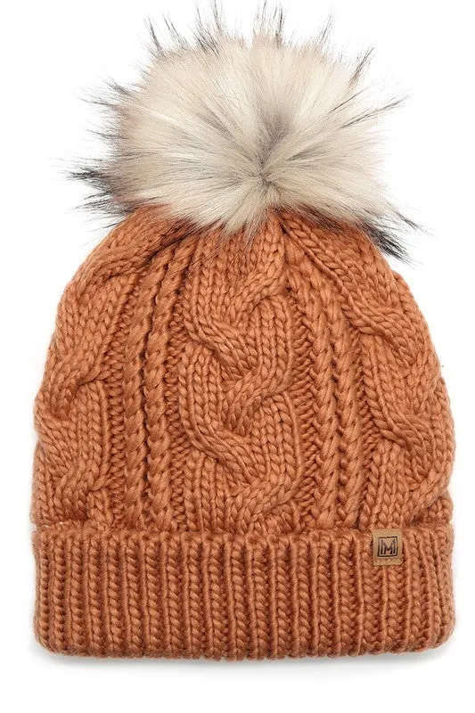 Women's Faux Fur Pom Beanie Hat with Sherpa Lining - Assorted Colors