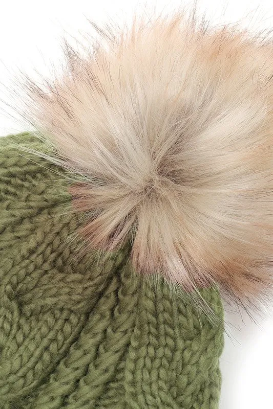 Women's Faux Fur Pom Beanie Hat with Sherpa Lining - Assorted Colors