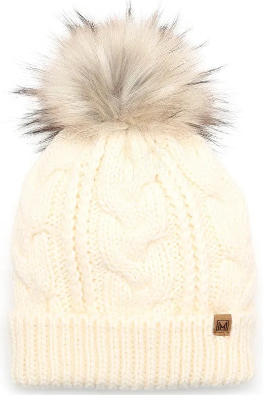 Women's Faux Fur Pom Beanie Hat with Sherpa Lining - Assorted Colors