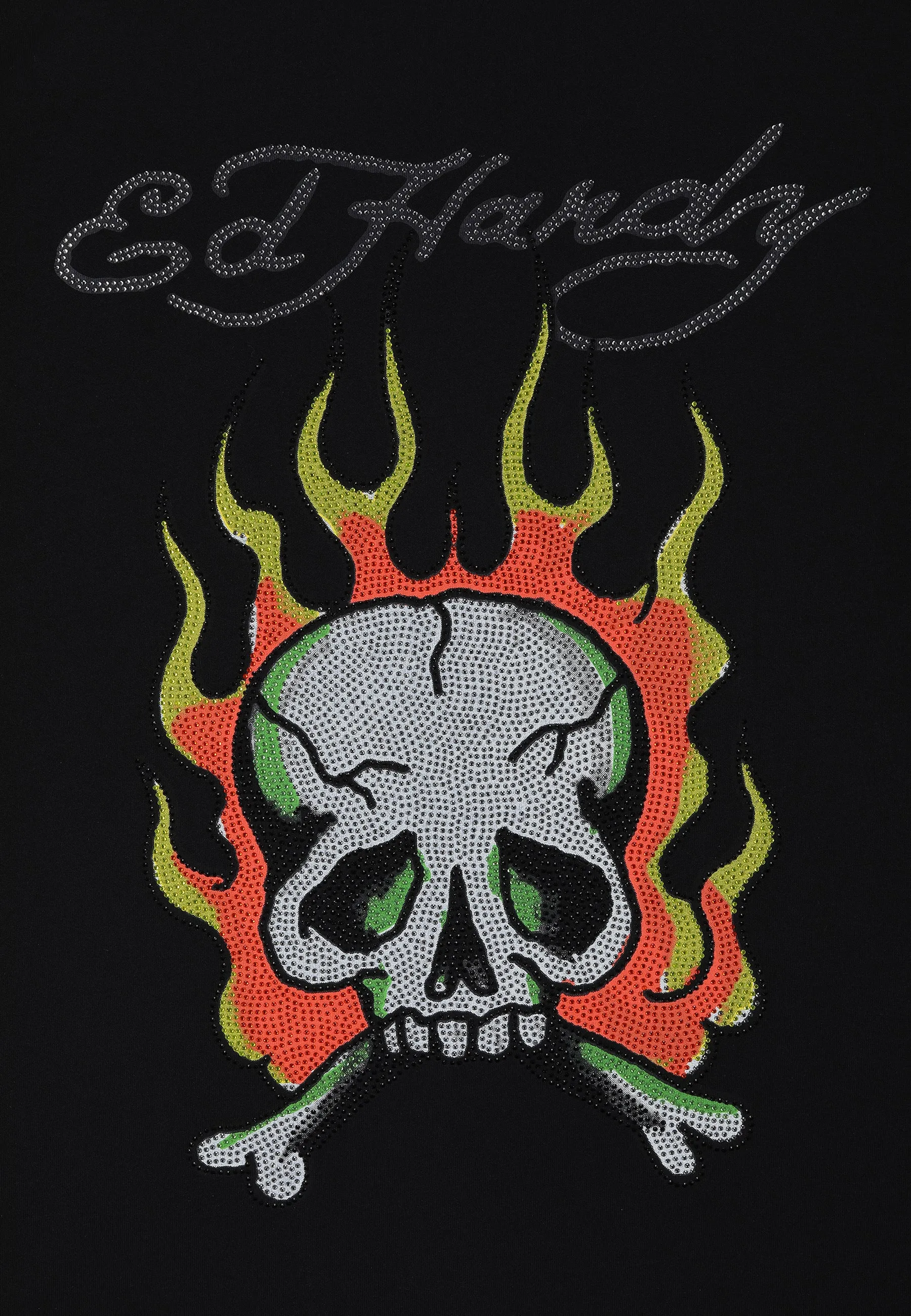 Womens Skull Flame Diamante Tshirt - Black