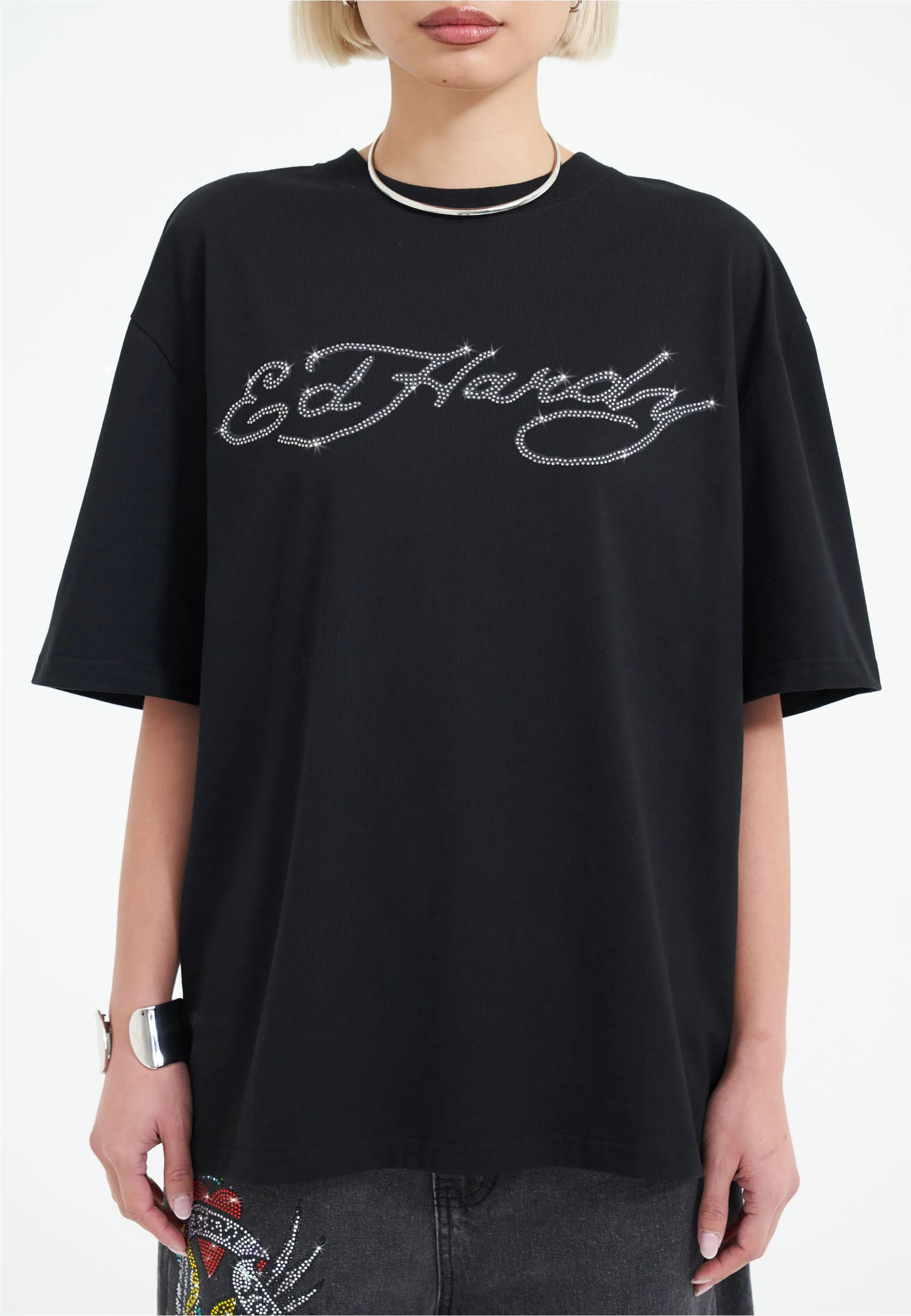 Womens Skull Flame Diamante Tshirt - Black