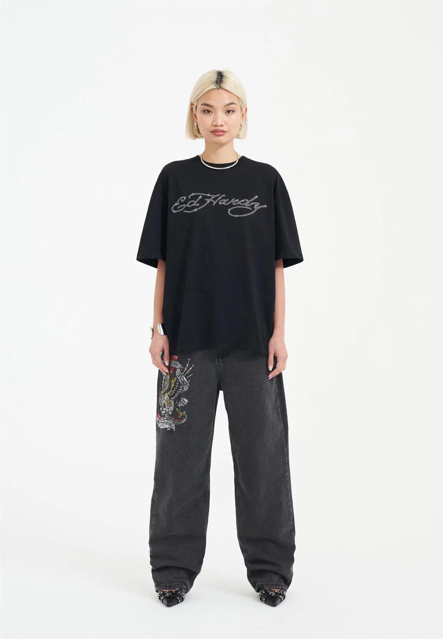 Womens Skull Flame Diamante Tshirt - Black