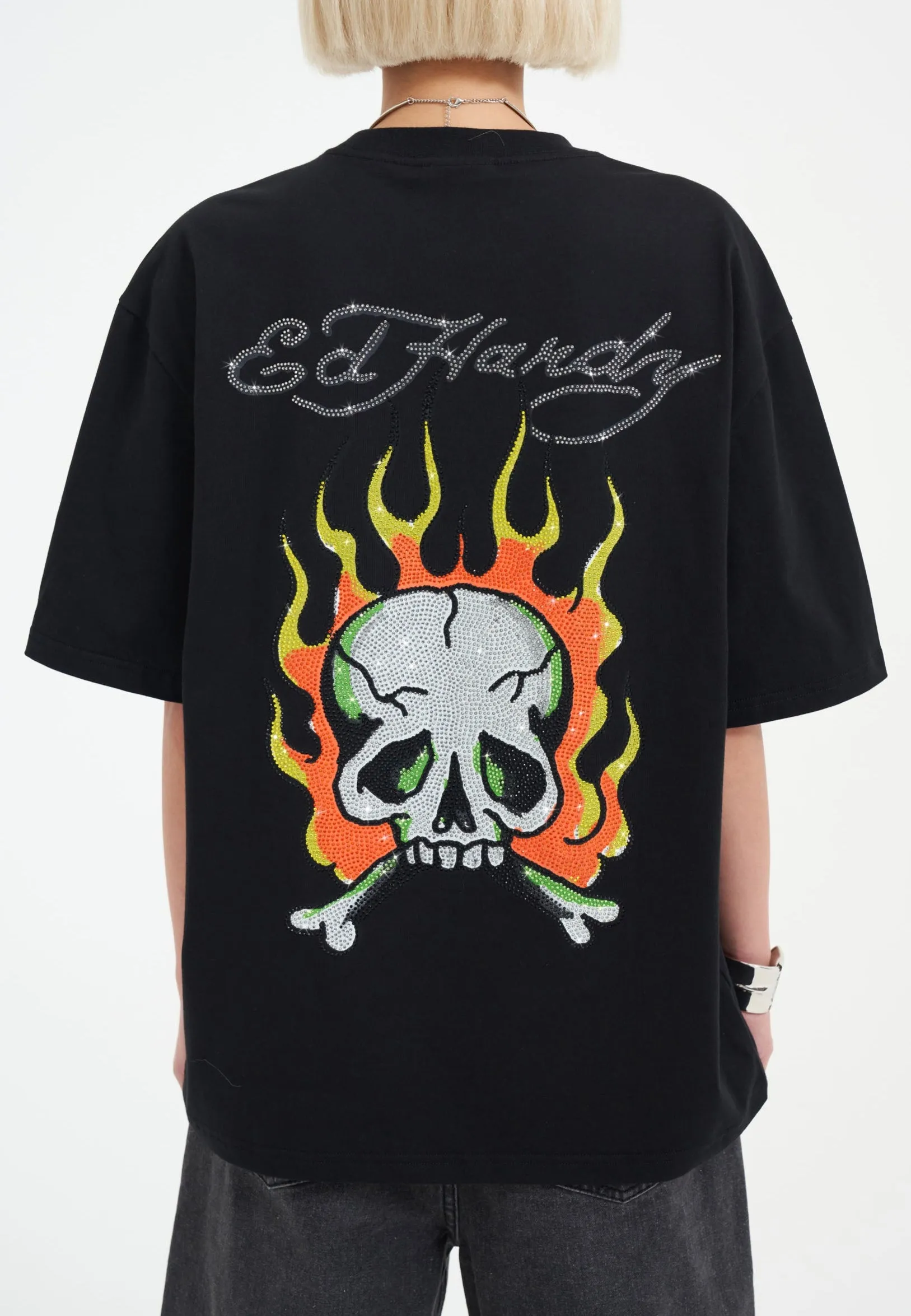 Womens Skull Flame Diamante Tshirt - Black
