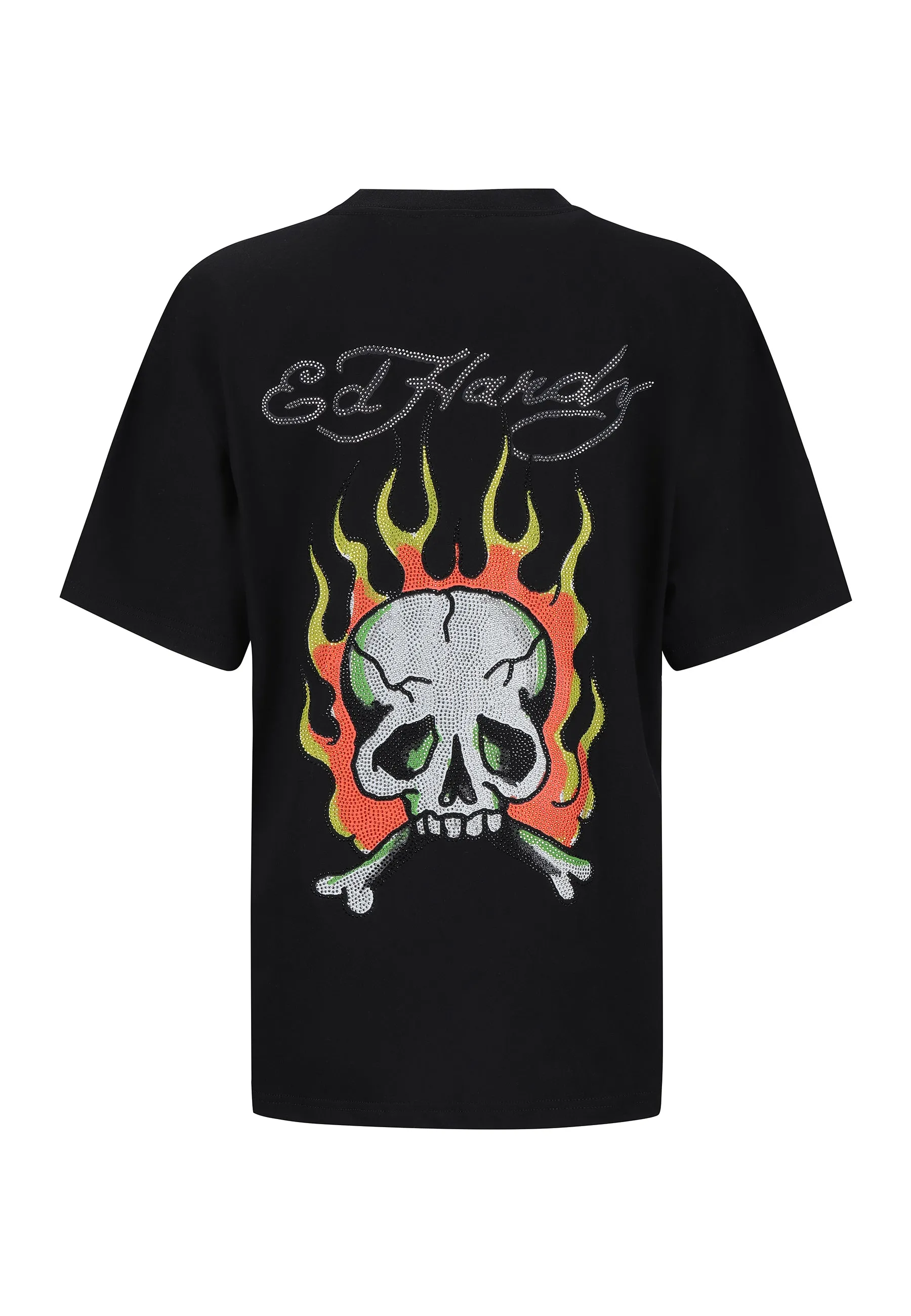 Womens Skull Flame Diamante Tshirt - Black
