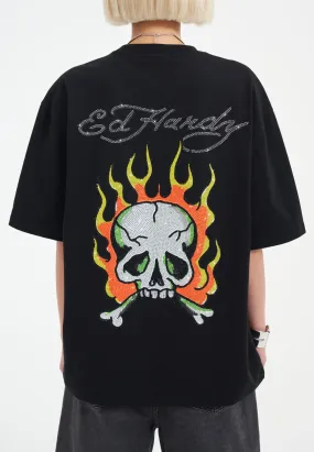 Womens Skull Flame Diamante Tshirt - Black