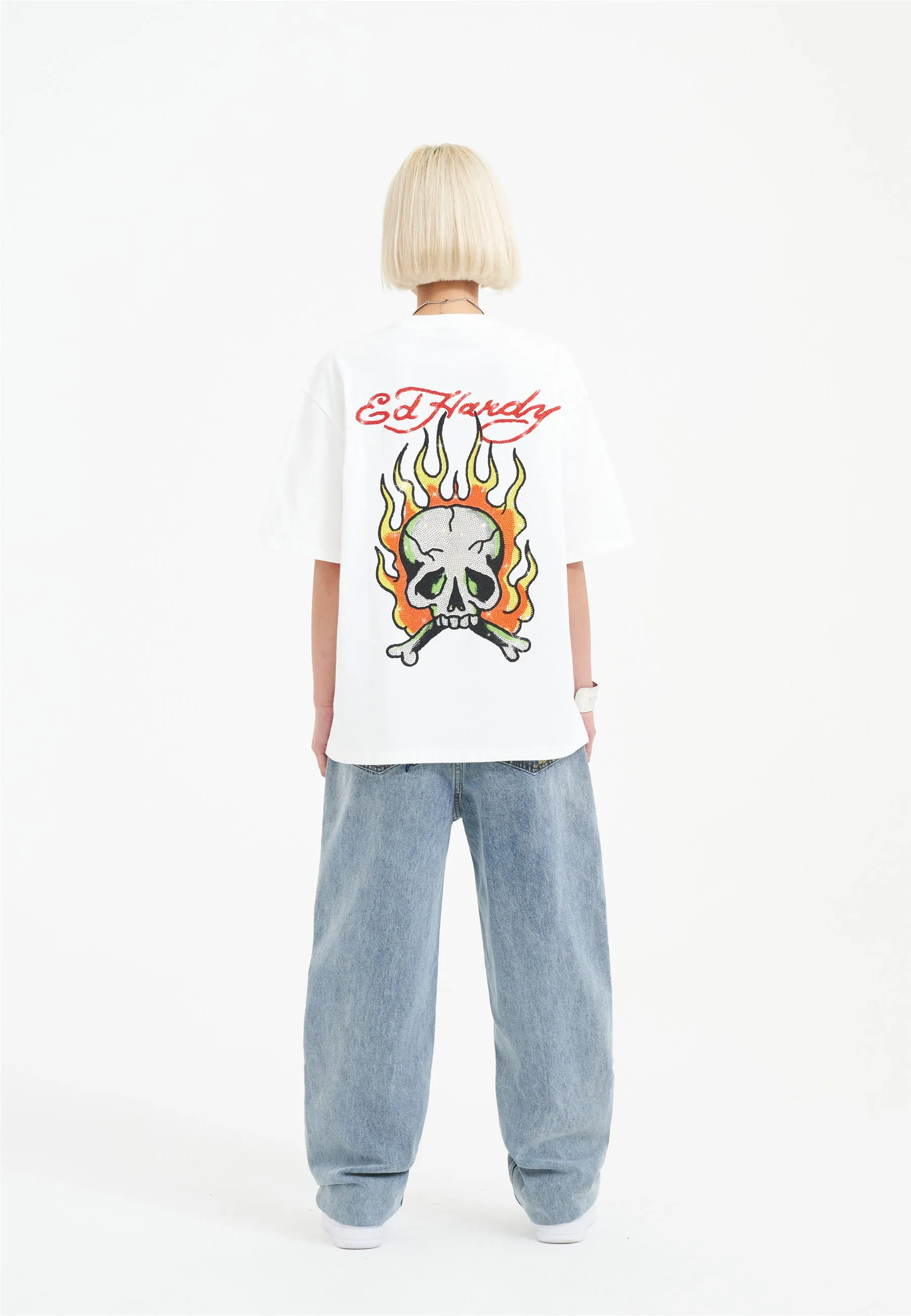 Womens Skull Flame Diamante Tshirt - White