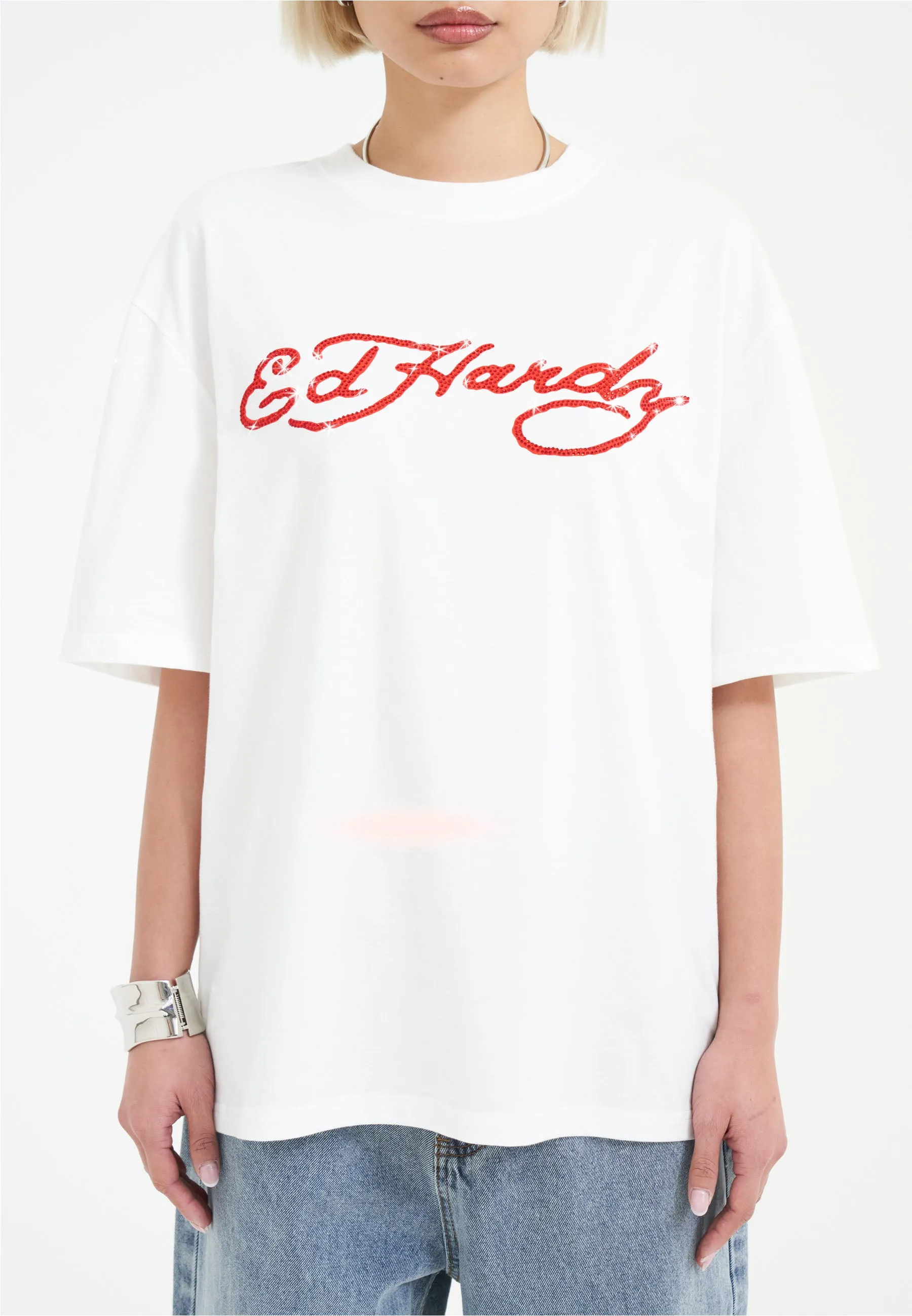 Womens Skull Flame Diamante Tshirt - White