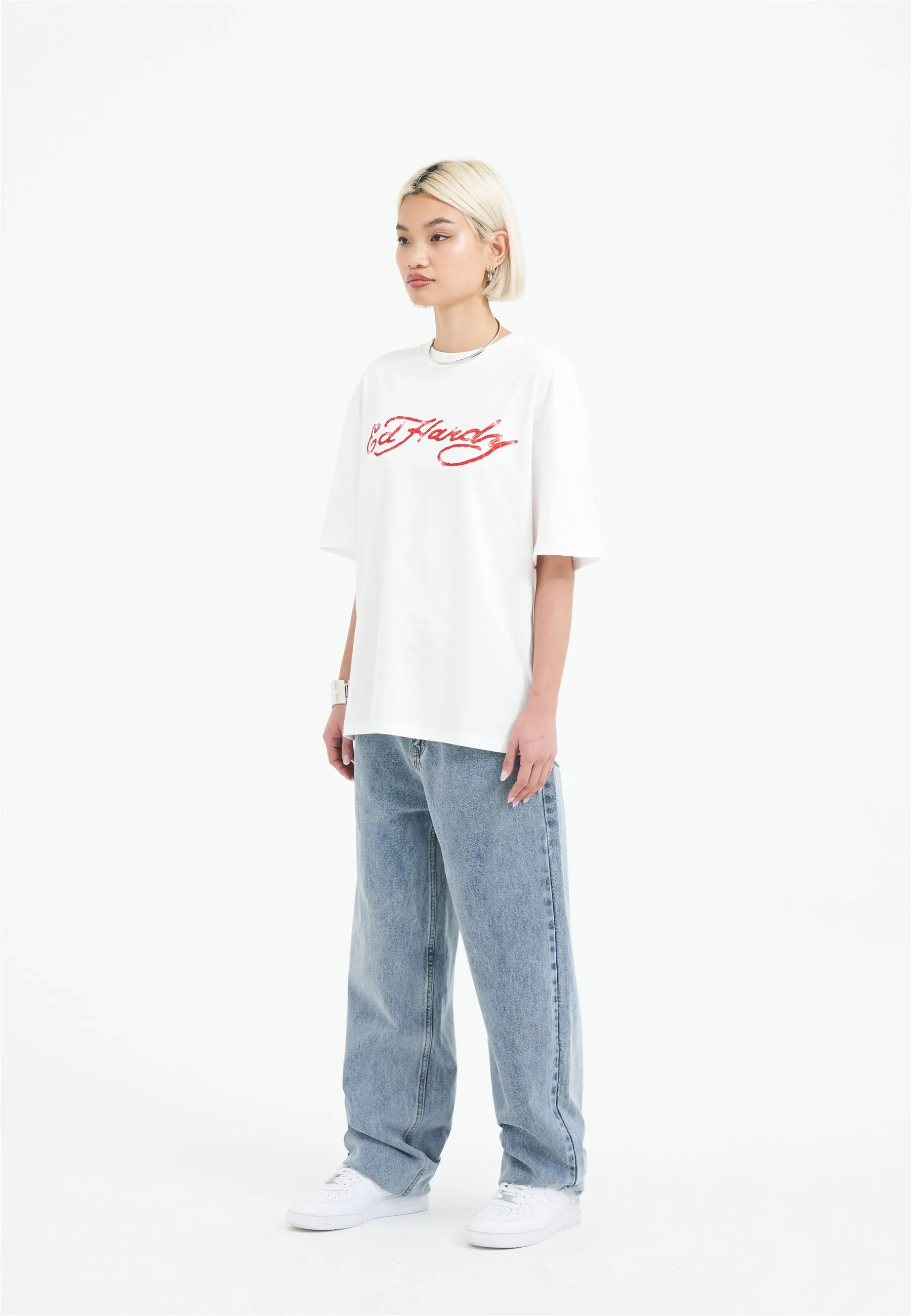 Womens Skull Flame Diamante Tshirt - White