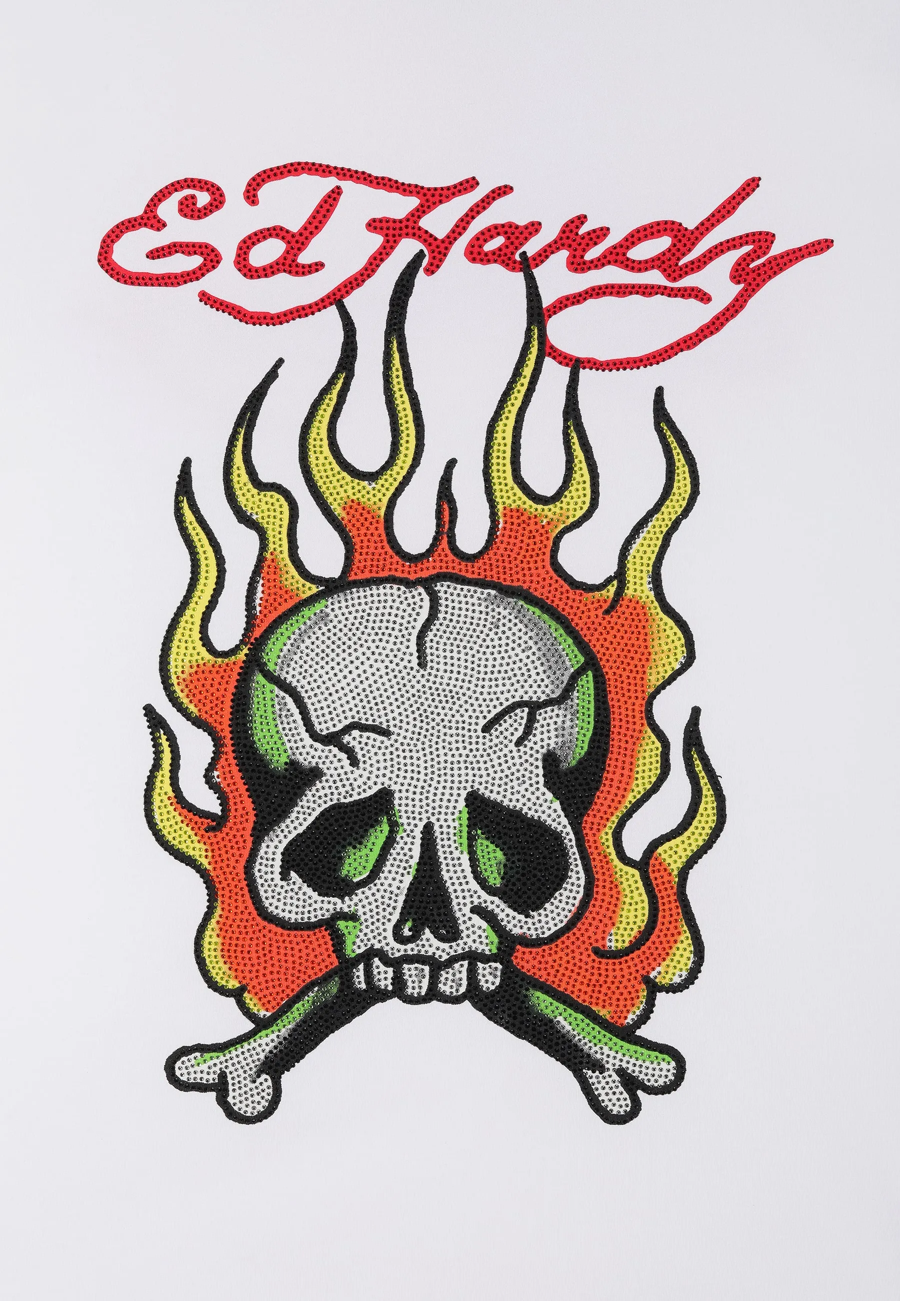 Womens Skull Flame Diamante Tshirt - White