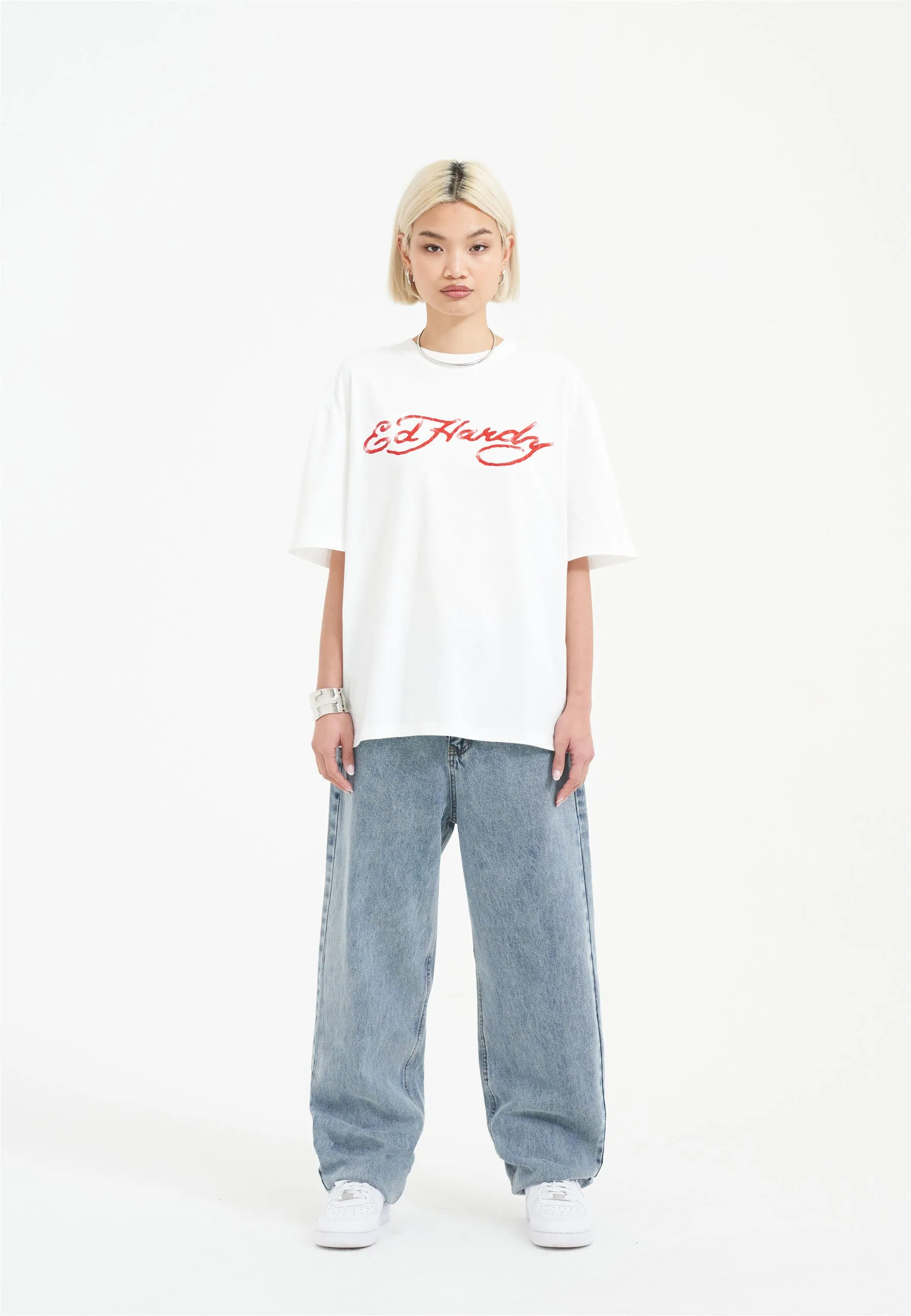Womens Skull Flame Diamante Tshirt - White
